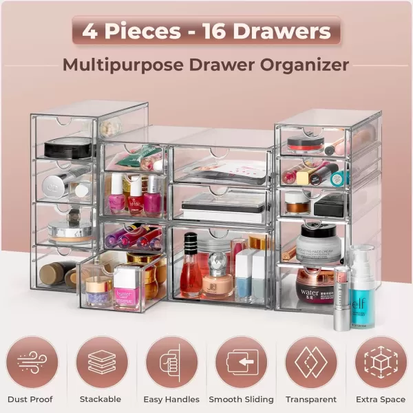 imageSorbus Makeup Organizer With 6 Drawers Acrylic Drawer Organizer for Makeup Office Organization and Storage Art Supplies Jewelry Stationary  4 Pcs Clear Stackable Storage Bins Organizer Drawers16 Drawers