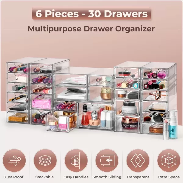 imageSorbus Makeup Organizer With 6 Drawers Acrylic Drawer Organizer for Makeup Office Organization and Storage Art Supplies Jewelry Stationary  4 Pcs Clear Stackable Storage Bins Organizer Drawers30 Drawers