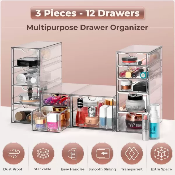 imageSorbus Makeup Organizer With 6 Drawers Acrylic Drawer Organizer for Makeup Office Organization and Storage Art Supplies Jewelry Stationary  4 Pcs Clear Stackable Storage Bins Organizer Drawers12 Drawers