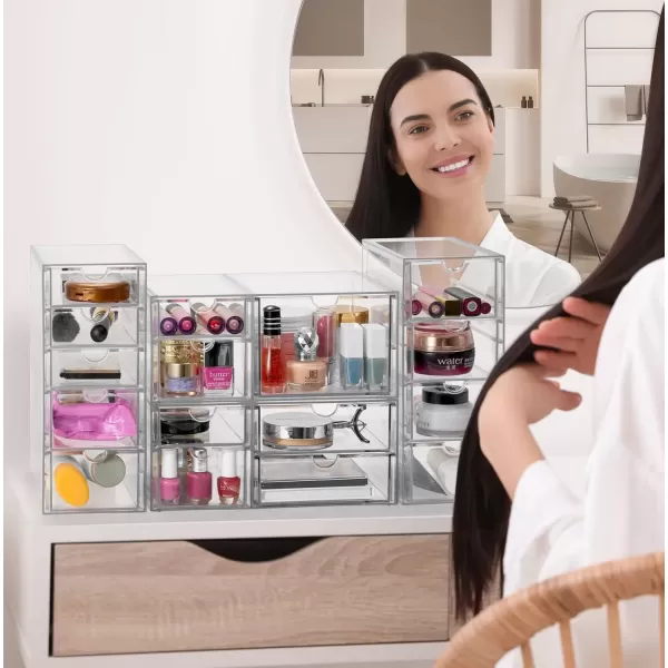 imageSorbus Makeup Organizer With 6 Drawers Acrylic Drawer Organizer for Makeup Office Organization and Storage Art Supplies Jewelry Stationary  4 Pcs Clear Stackable Storage Bins Organizer Drawers16 Drawers