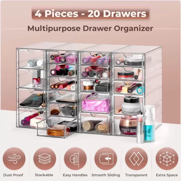 imageSorbus Makeup Organizer With 6 Drawers Acrylic Drawer Organizer for Makeup Office Organization and Storage Art Supplies Jewelry Stationary  4 Pcs Clear Stackable Storage Bins Organizer Drawers20 Drawers