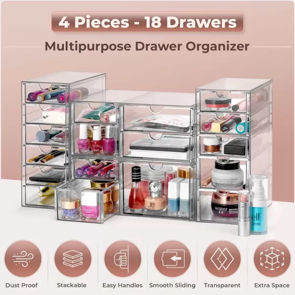 imageSorbus Makeup Organizer With 6 Drawers Acrylic Drawer Organizer for Makeup Office Organization and Storage Art Supplies Jewelry Stationary  4 Pcs Clear Stackable Storage Bins Organizer Drawers18 Drawers