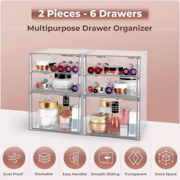 imageSorbus Makeup Organizer With 6 Drawers Acrylic Drawer Organizer for Makeup Office Organization and Storage Art Supplies Jewelry Stationary  4 Pcs Clear Stackable Storage Bins Organizer Drawers6 Drawers