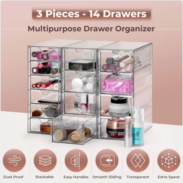 imageSorbus Makeup Organizer With 6 Drawers Acrylic Drawer Organizer for Makeup Office Organization and Storage Art Supplies Jewelry Stationary  4 Pcs Clear Stackable Storage Bins Organizer Drawers14 Drawers