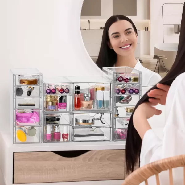 imageSorbus Makeup Organizer With 7 Drawers Acrylic Drawer Organizer for Makeup Office Organization and Storage Art Supplies Jewelry Stationary  2 Pcs Clear Stackable Storage Bins Organizer Drawers18 Drawers