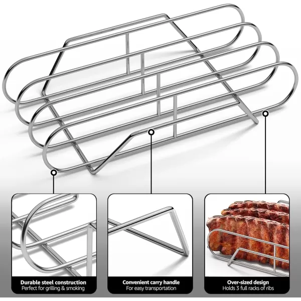 imageSorbus NonStick Rib Rack  Porcelain Coated Steel Roasting Stand  Holds 4 Rib Racks for Grilling ampamp Barbecuing  Perfect BBQ Accessories for Smoker and Grill  Durable and Convenient Design BlackStainless Steel