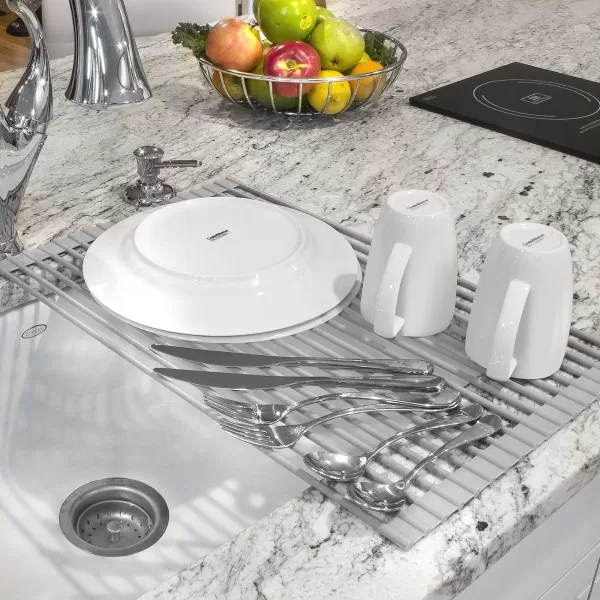 imageSorbus RollUp Dish Drying Rack Large 205 X 13quot Over The Sink Drying Mat Multipurpose Dish Drainer  Fruits and Vegetable Rinser  Durable Silicone Covered Stainless Steel Warm Gray