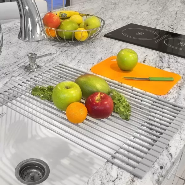 imageSorbus RollUp Dish Drying Rack Large 205 X 13quot Over The Sink Drying Mat Multipurpose Dish Drainer  Fruits and Vegetable Rinser  Durable Silicone Covered Stainless Steel Warm Gray
