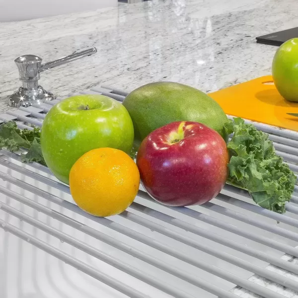 imageSorbus RollUp Dish Drying Rack Large 205 X 13quot Over The Sink Drying Mat Multipurpose Dish Drainer  Fruits and Vegetable Rinser  Durable Silicone Covered Stainless Steel Warm Gray