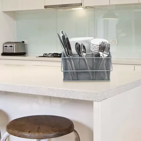 imageSorbus Utensil Caddy  Silverware Napkin Holder and Condiment Organizer  MultiPurpose Steel Mesh CaddyIdeal for Kitchen Dining Entertaining Tailgating Picnics and much more SilverSilver