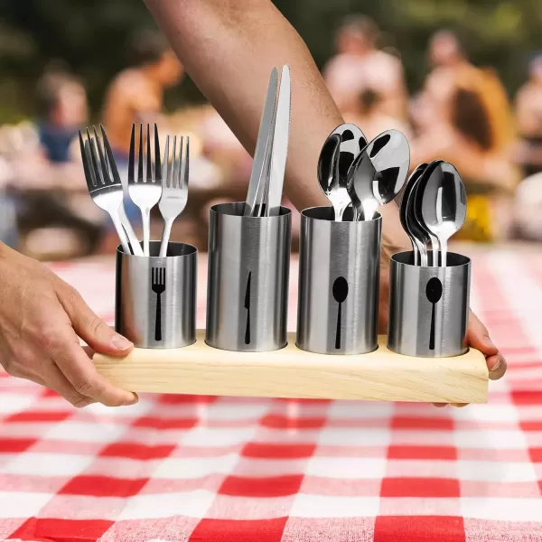imageSorbus Utensil HolderUpright Silverware Holder with Caddy for Spoons Knives and Forks EntertainingStainless Steel Cutlery Organizer with Bamboo Wood Base