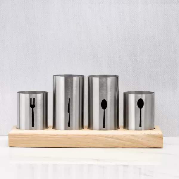 imageSorbus Utensil HolderUpright Silverware Holder with Caddy for Spoons Knives and Forks EntertainingStainless Steel Cutlery Organizer with Bamboo Wood Base