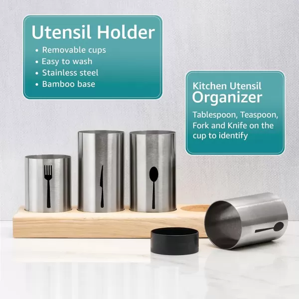 imageSorbus Utensil HolderUpright Silverware Holder with Caddy for Spoons Knives and Forks EntertainingStainless Steel Cutlery Organizer with Bamboo Wood Base