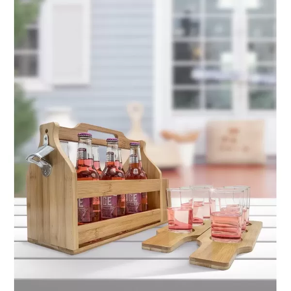 imageSorbus Wooden Bottle Caddy with Opener ampamp Sampler Boards 6Pack Drink Holder for Beer Soda Perfect for Bar Pub Restaurant Brew Fest Party and More Bamboo