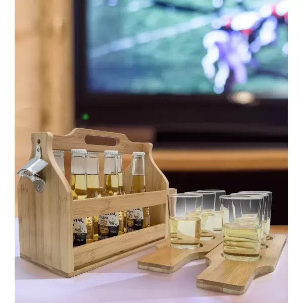 imageSorbus Wooden Bottle Caddy with Opener ampamp Sampler Boards 6Pack Drink Holder for Beer Soda Perfect for Bar Pub Restaurant Brew Fest Party and More Bamboo