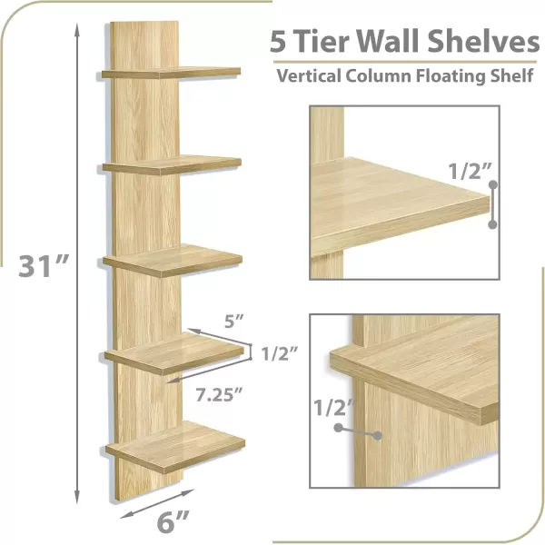 imageSorbus 5 Tier Wall Shelf Unit Vertical Column Utility Shelving for Home Decor and Storage Organizer WallMounted Floating Shelves for Bathroom Storage Bedroom Living Room Kitchen OrganizerMaple Wood