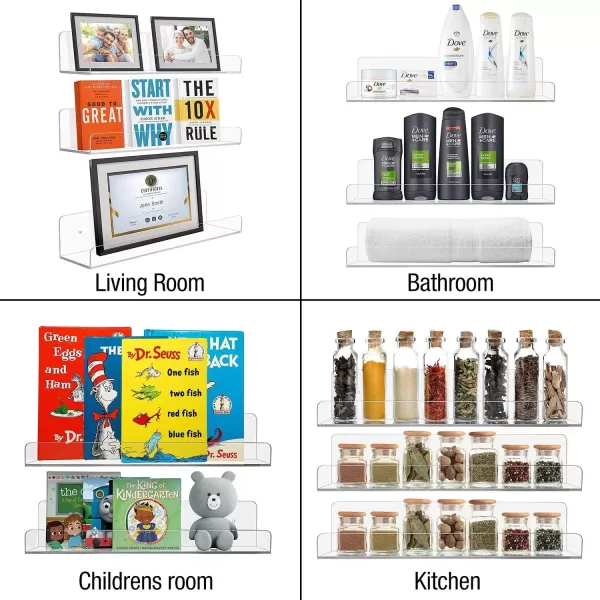 imageSorbus Acrylic Wall Ledge Floating Shelf Rack Organizer Invisible Display Style for Books Figurine Picture Frame Storage Wall Mounted Shelves for Home Bathroom Nail Salon Spa 15 x 43 x 3Pack of 6