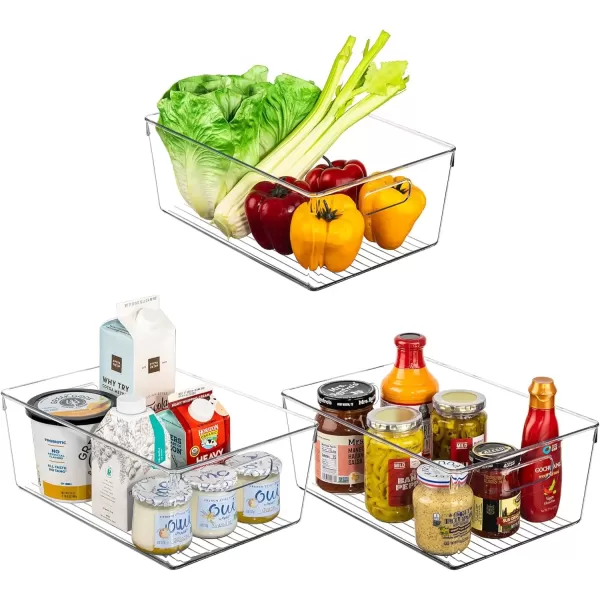 imageSorbus Clear Square Fridge Bins Thick Sturdy Plastic Refrigerator Pantry Organizer Versatile NonSlip Stackable Cabinet Organization Bath Makeup Food Snack Packet Organizer  3 Pack3