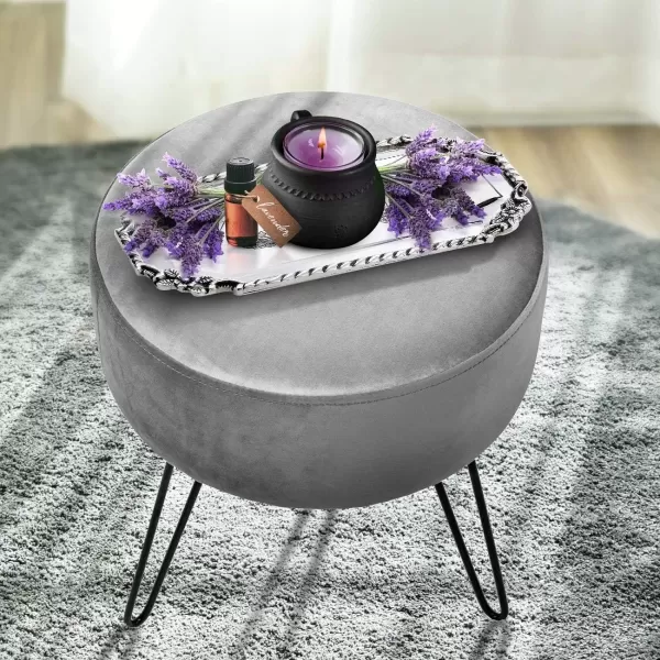 imageSorbus Velvet Footrest Stool Round MidCentury Modern Luxe Velvet Ottoman Footstool Side Table Removable Metal Leg Design Gray