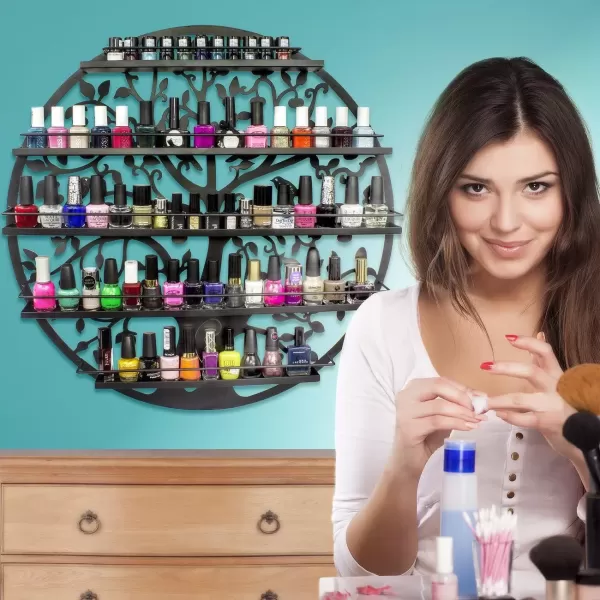 imageSorbus Wall Mounted 5 Tier Nail Polish Rack Holder  Tree Silhouette Round Metal Salon Wall Art Display BlackBlack