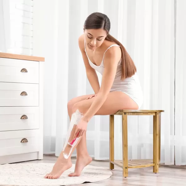 imageSorbus Bamboo Shower Stool  Corner Bath Bench  Waterproof Wood Chair for Inside Shower  Bathtub Seat with Shelf for Shaving Legs  Small Corner Step Stool Foot Rest for Bathroom Bamboo Side Table
