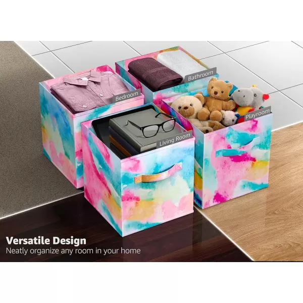 imageSorbus Fabric Storage Cubes  6 Foldable Tie Dye Storage Bins for Organizing Cubbies Toy Box  Clothes Storage ampamp Closet Organizer  11 Inch Collapsible Cube Baskets for Shelves with Handle Tie DyeWatercolor