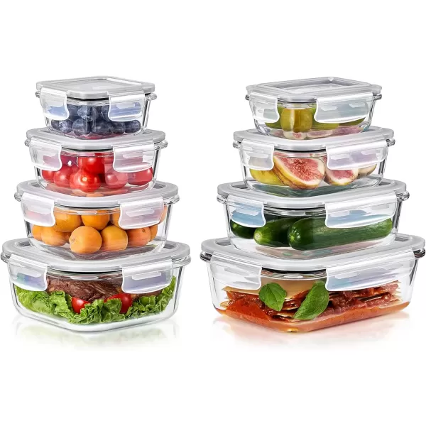 imageSorbus 16pc Glass Meal Prep Containers Set  4 Square and 4 Round Food Storage Containers with Airtight Lids  Freezer Dishwasher Oven Safe  Reusable Glass Containers for Meal Prep and Storage