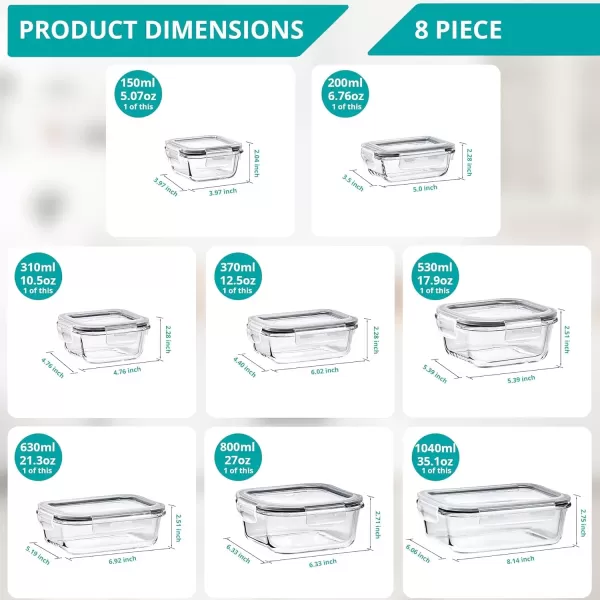 imageSorbus 16pc Glass Meal Prep Containers Set  4 Square and 4 Round Food Storage Containers with Airtight Lids  Freezer Dishwasher Oven Safe  Reusable Glass Containers for Meal Prep and Storage