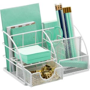 imageSorbus Desk Organizer Great for Office Supplies Organization Decor AllinOne Stylish Mesh Desktop Caddy Includes PenPencil Holder Mail Organizer and Sliding Drawer WhiteAllinOne Caddy  White