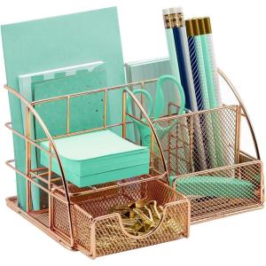 imageSorbus Desk Organizer Great for Office Supplies Organization Decor AllinOne Stylish Mesh Desktop Caddy Includes PenPencil Holder Mail Organizer and Sliding Drawer WhiteAllinOne Caddy  CopperRose Gold