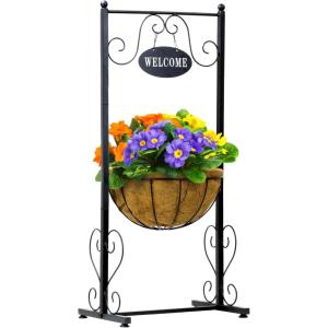 imageSorbus Welcome Planter Basket Stand with Coco Liner Stylish Flower Plant and Outdoor Dcor for Home Garden Patio Deck Black Metal