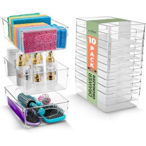 imageSorbus Medium Clear Plastic Storage Bins for Organizing 10 Pack Clear Organizer Bins with Handles Plastic Storage Bins for Closet Pantry Fridge Medicine Cabinet Organizer Shelves Freezer DrawerLarge