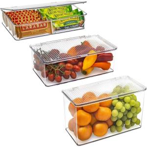 imageSorbus 3 Pack Clear Plastic Storage Bins with Lids  Stackable Refrigerator Organizer  Pantry Organizer  Fridge Organization  Cabinet Organizers Containers Storage box for Kitchen Sizes LMSLarge  Medium  Small