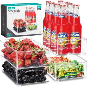 imageSorbus Stackable Refrigerator Organizer Bins  Clear Storage Bins for Kitchen Pantry Freezer ampamp Fridge Organization  Food Organizing Plastic Containers with Handles for Countertops ampamp Drawers 2 Pack4 Pack  Medium
