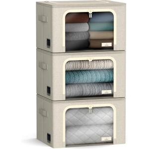 imageSorbus Storage Bins with Metal Frame  Stackable ampamp Foldable Clothes Organizer Bags  Oxford Fabric Storage Containers with Large Clear Window ampamp Carry Handles Organization for Bedding Linen ampamp ClothingBeige