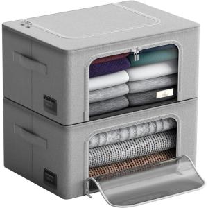 imageSorbus Storage Bins with Metal Frame  Stackable ampamp Foldable Clothes Organizer Bags  Oxford Fabric Storage Containers with Large Clear Window ampamp Carry Handles Bedroom Organization for Bedding ampamp LinenGray