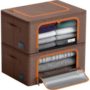 imageSorbus Storage Bins with Metal Frame  Stackable ampamp Foldable Clothes Organizer Bags  Oxford Fabric Storage Containers with Large Clear Window ampamp Carry Handles Bedroom Organization for Bedding ampamp LinenBrown