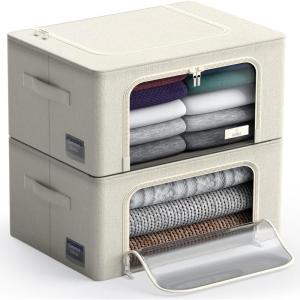 imageSorbus Storage Bins with Metal Frame  Stackable ampamp Foldable Clothes Organizer Bags  Oxford Fabric Storage Containers with Large Clear Window ampamp Carry Handles Bedroom Organization for Bedding ampamp LinenBeige