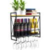 imageSorbus Wine Bottle Stemware Glass Rack Industrial 2Tier Wood Shelf Wall Mounted Wine Racks with 5 Stem Glass Holders for Wine Glasses Flutes Mugs Home Dcor MetalRectangular