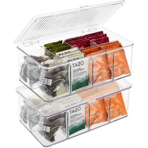 imageSorbus 2 Pack Tea Bag Organizer Bins wLids ampamp 4 Removable Dividers Clear Plastic Food Packet Snack Organizer Stackable Pantry Organization Kitchen Storage Fridge Bins Sturdy Cabinet Organizers
