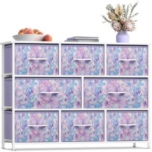 imageSorbus Dresser with 8 Faux Wood Drawers  Chest Organizer Unit with Steel Frame Wood Top ampamp Handle Easy Pull Fabric Bins for Clothes  Large Storage Furniture for Bedroom Hallway Living Room ampamp ClosetTiedye Purple
