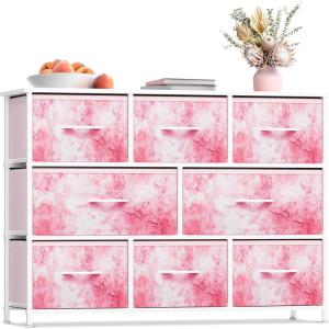imageSorbus Dresser with 8 Faux Wood Drawers  Chest Organizer Unit with Steel Frame Wood Top ampamp Handle Easy Pull Fabric Bins for Clothes  Large Storage Furniture for Bedroom Hallway Living Room ampamp ClosetTiedye Pink