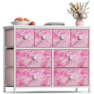 imageSorbus Fabric Dresser for Kids Bedroom  Chest of 8 Drawers Storage Tower Clothing Organizer for Closet for Playroom for Nursery Steel Frame Fabric Bins  Knob Handle Pastel PinkTiedye Pink
