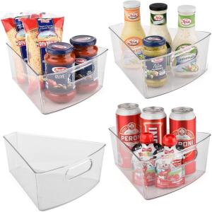 imageSorbus Wedge Storage Bin Organizer Lazy Susan organizer with Front Handle for Corner Cabinet Great Sector Shaped Container Bins for Kitchen Pantry Bathroom Clear Plastic 4Pack