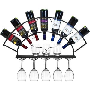 imageSorbus Wine Bottle Stemware Glass Rack Industrial 2Tier Wood Shelf Wall Mounted Wine Racks with 5 Stem Glass Holders for Wine Glasses Flutes Mugs Home Dcor MetalHalf Circle