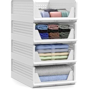 imageSorbus 4 Pack Folding Closet Shelf Organizer for Clothes  Versatile Stackable Storage Baskets for Closet Bathroom Kitchen ampamp Garage  Easy Access Open Front Design  Plastic Organizer Shelves4 Small