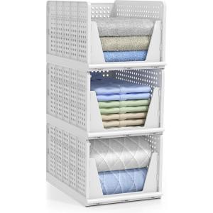 imageSorbus 4 Pack Folding Closet Shelf Organizer for Clothes  Versatile Stackable Storage Baskets for Closet Bathroom Kitchen ampamp Garage  Easy Access Open Front Design  Plastic Organizer Shelves3 Large