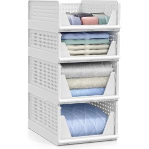 imageSorbus 4 Pack Folding Closet Shelf Organizer for Clothes  Versatile Stackable Storage Baskets for Closet Bathroom Kitchen ampamp Garage  Easy Access Open Front Design  Plastic Organizer Shelves2 Small 2 Medium