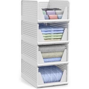 imageSorbus 4 Pack Folding Closet Shelf Organizer for Clothes  Versatile Stackable Storage Baskets for Closet Bathroom Kitchen ampamp Garage  Easy Access Open Front Design  Plastic Organizer Shelves4 Medium