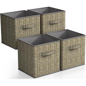 imageSorbus Collapsible Storage Bins  11quot Sturdy Foldable Fabric Storage Cubes with Handle  4 TieDye Purple Organization and Storage Baskets for Organizing Pantry Closet Nursery Dorm Toy StorageWoven Gray